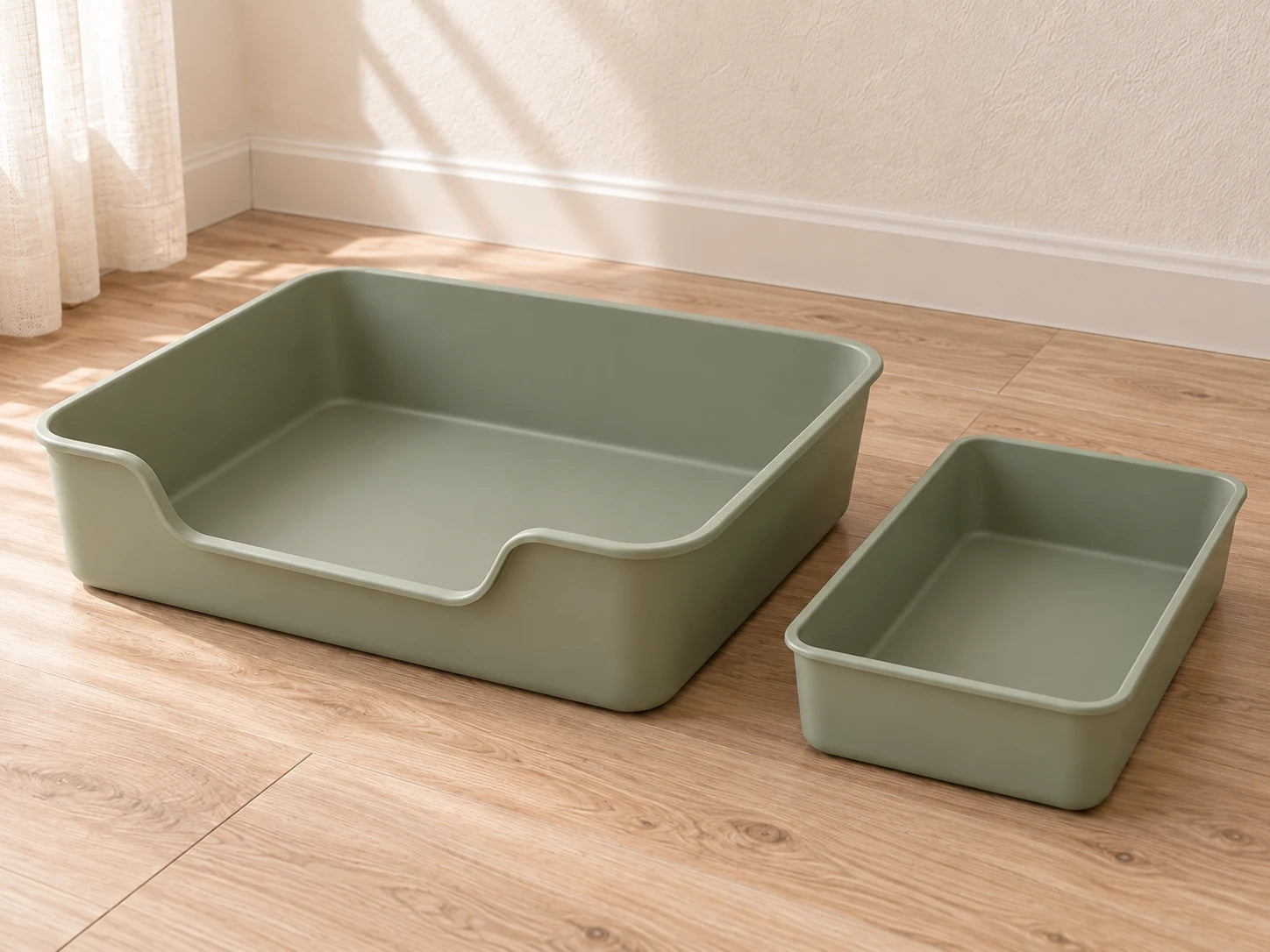 Empty solid-floor litter pan on the left and separate open hay tray on the right.