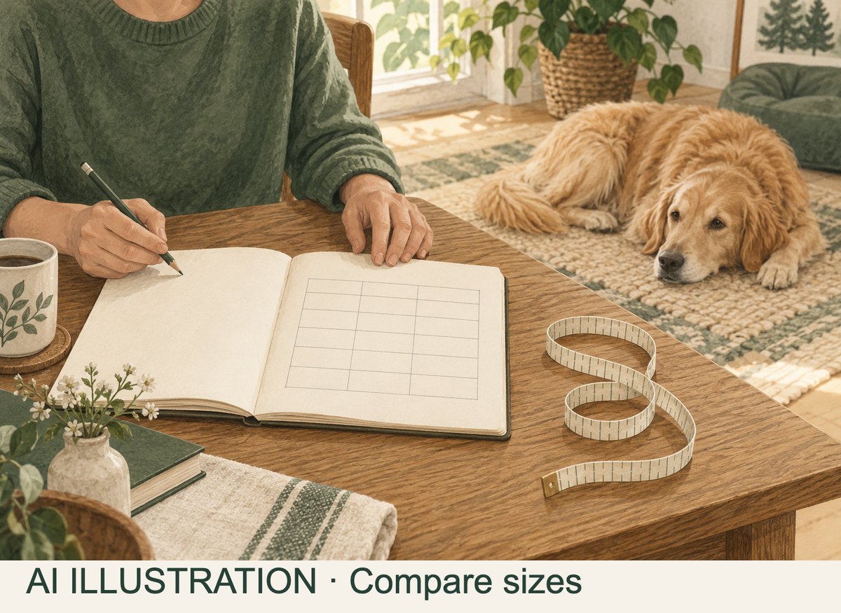 AI illustration of a caregiver reviewing a notebook beside a coiled measuring tape, with a dog resting nearby.