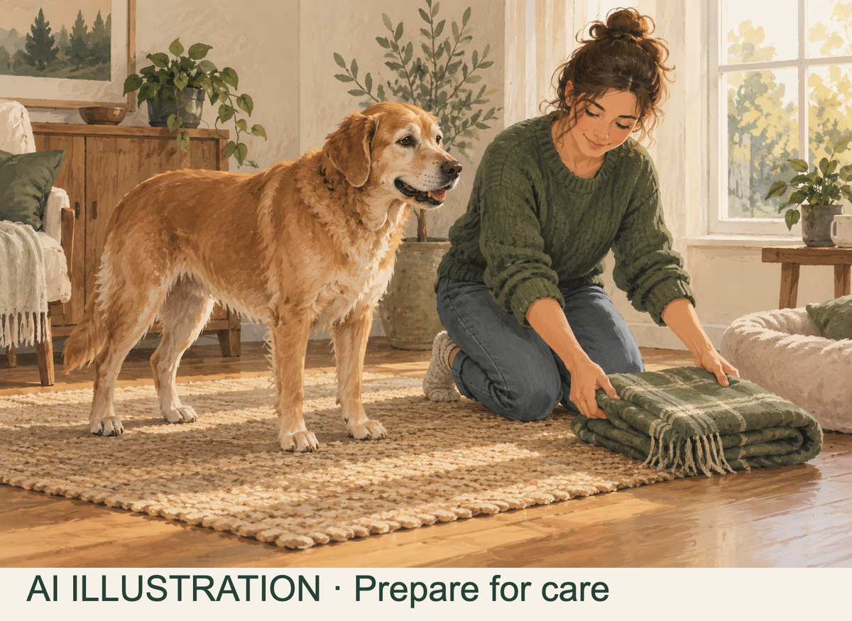 AI illustration of a caregiver folding a blanket beside a naturally standing dog in a warm home.