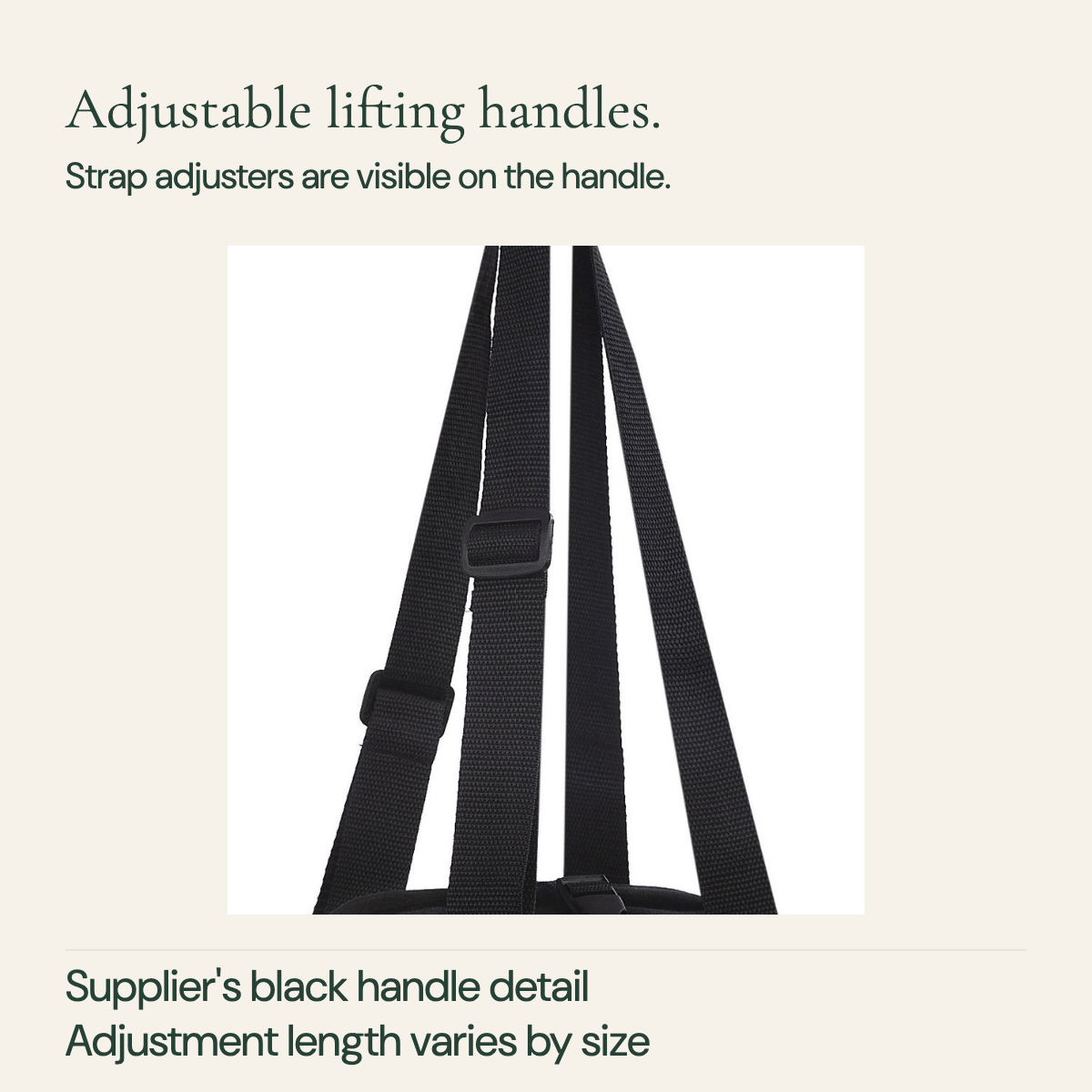 Black harness handle webbing and rectangular sliding strap adjusters in the supplier image.