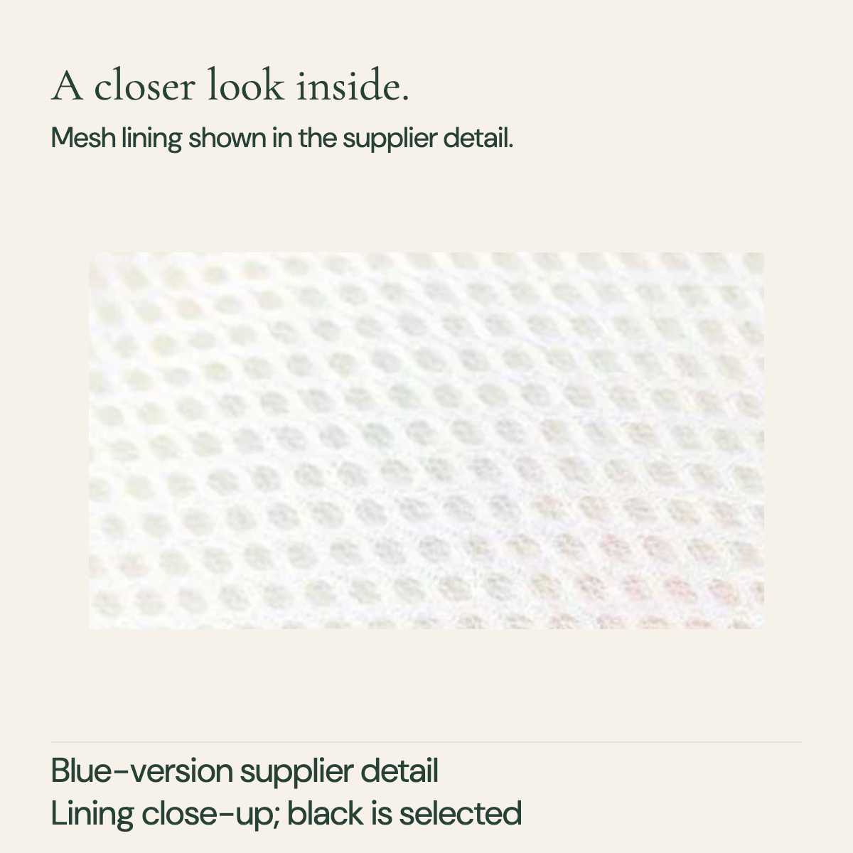 Supplier close-up of light mesh lining from the blue-version detail sheet; this is material appearance, not a comfort or airflow test.