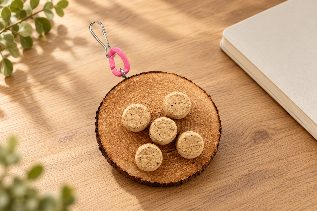 Preparation setting showing one assembled round cork bird toy on a quiet table; styled props are not included.