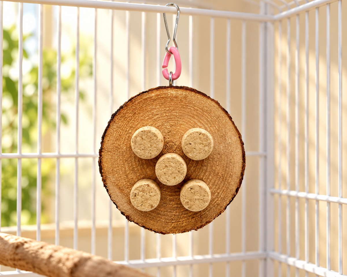 Cage-corner setting showing one round cork bird toy
