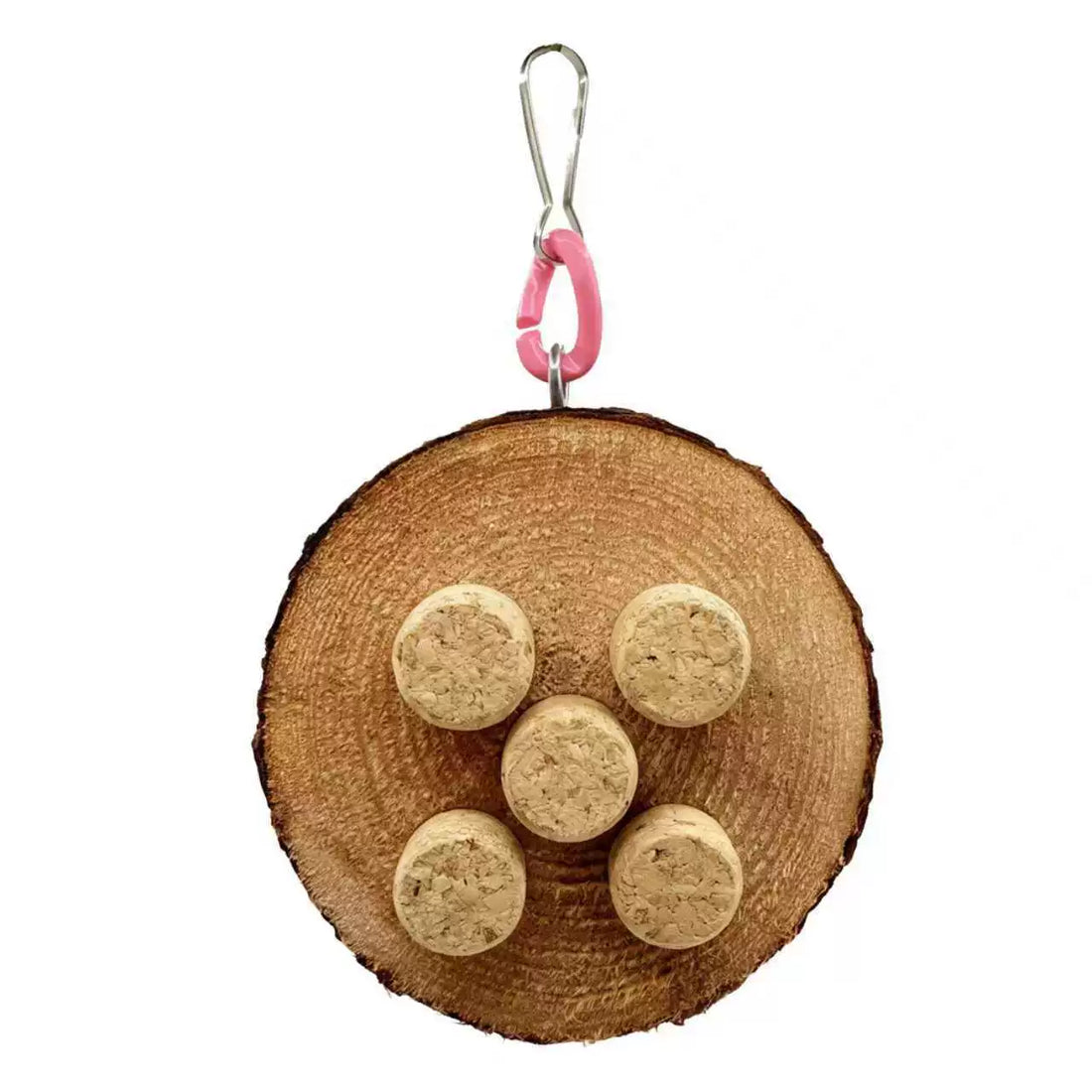 Image of the assembled round wood-base hanging toy with five front pieces and pink connecting link.