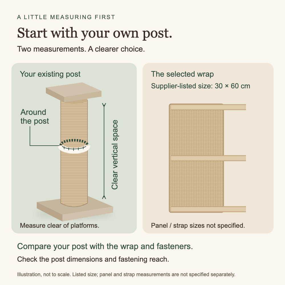 Illustration of a stable scratching post: measure around its circumference and check clear vertical space. Beside it is a schematic three-strap wrap labelled supplier-listed size 30 × 60 cm; panel and strap measurements are not specified separately.