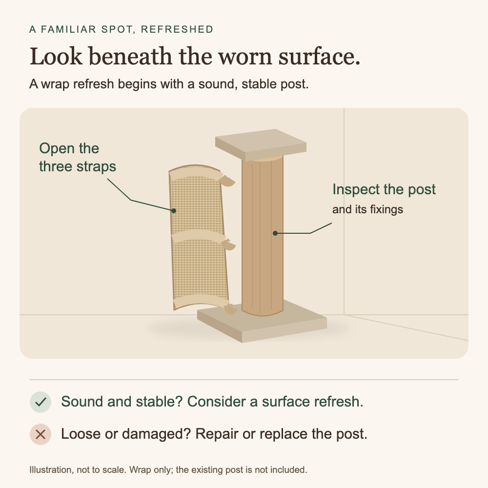 Original illustration of an opened three-strap scratching wrap beside an existing stable post. Text advises inspecting the post and fixings: consider refreshing a sound, stable post; repair or replace a loose or damaged post.