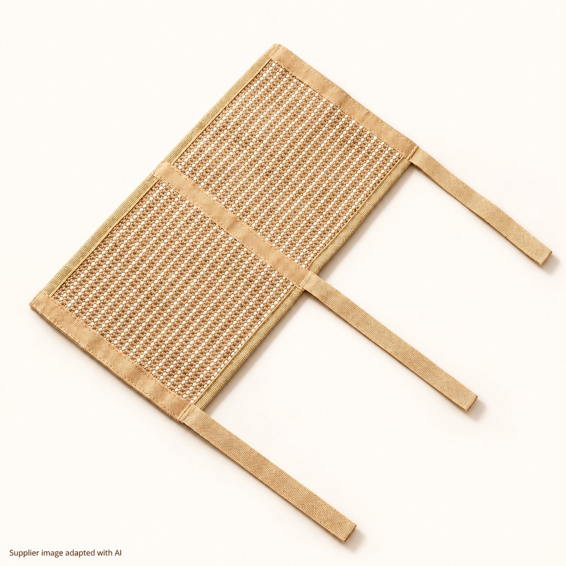 Flat woven scratch wrap with bound edges and three beige straps on a warm white background.