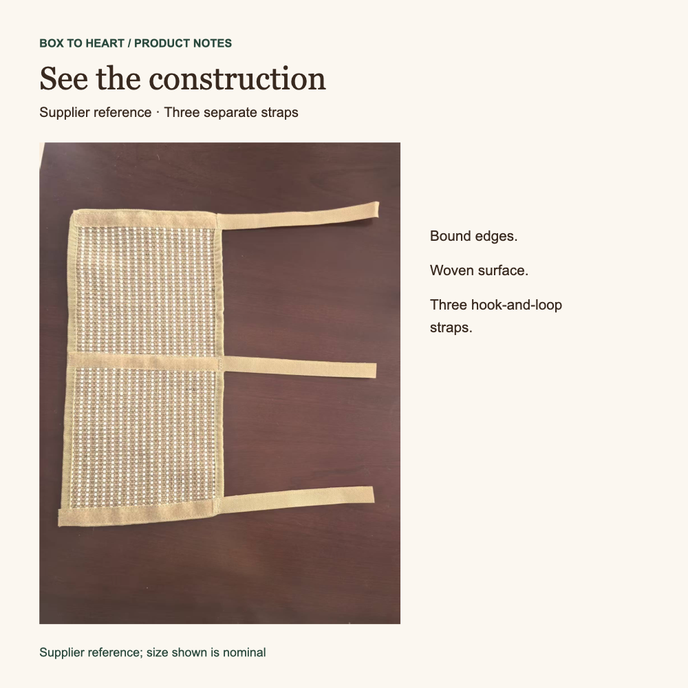 Supplier photograph of the woven wrap with bound edges and three separate hook-and-loop straps.