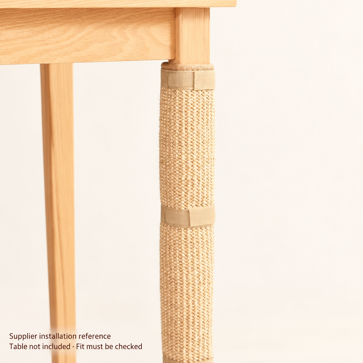 Supplier installation reference showing a beige woven wrap fastened around a wooden table leg.