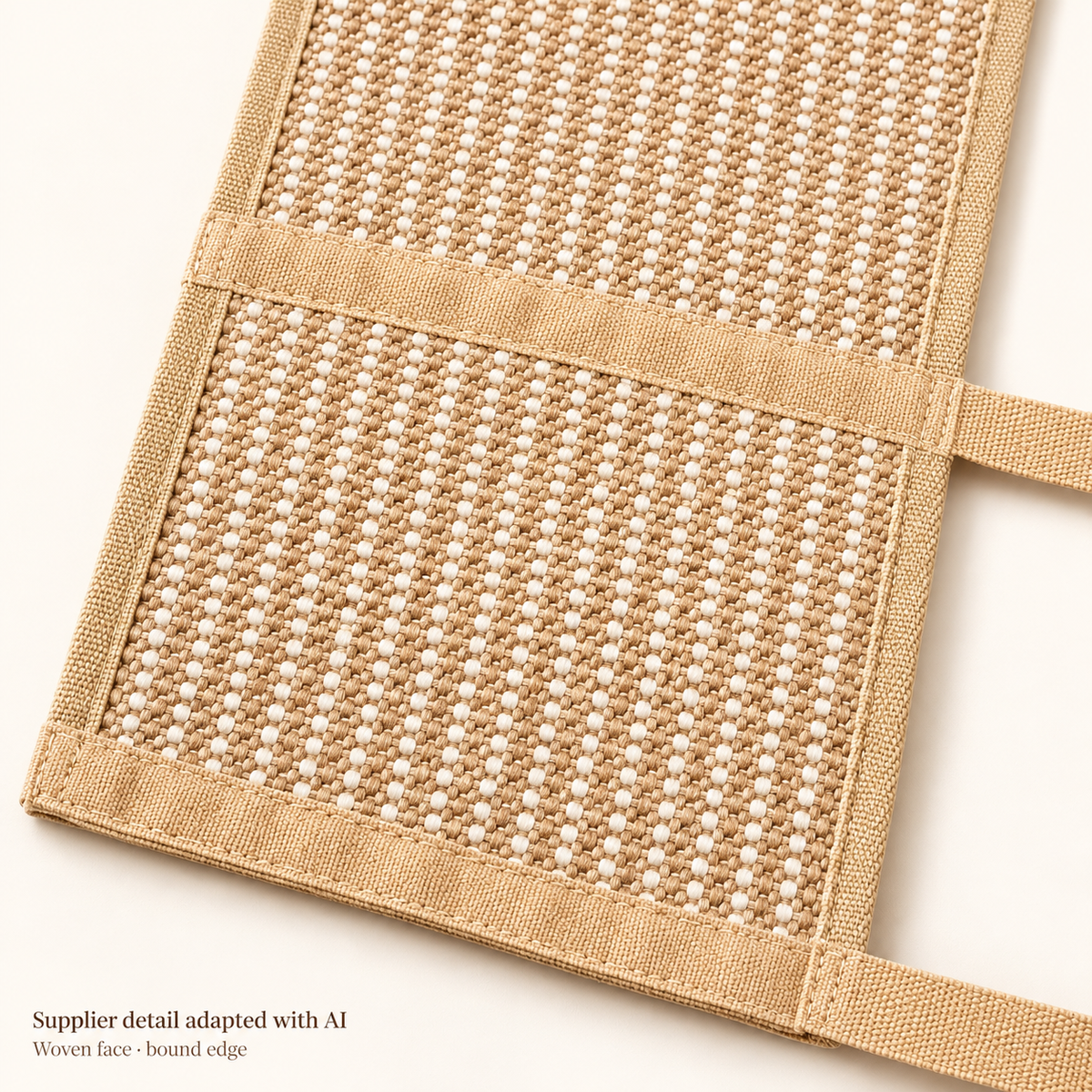 Detail of the supplier woven face, beige bound edge and attached band.