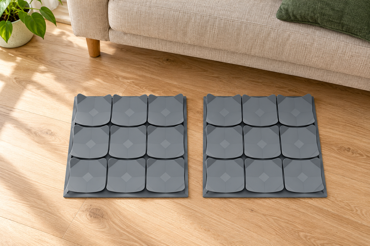 AI illustrative living-room layout with two grey nine-pocket mats lying separately on an oak floor by a sofa; room props are not included.