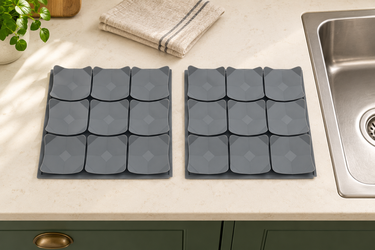 AI illustrative preparation area with two empty grey nine-pocket mats beside a kitchen sink; cloth and other props are not included.