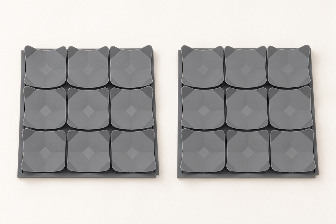 AI source-adapted visualization of the complete set: two separate grey silicone mats, each with nine leaf pockets.