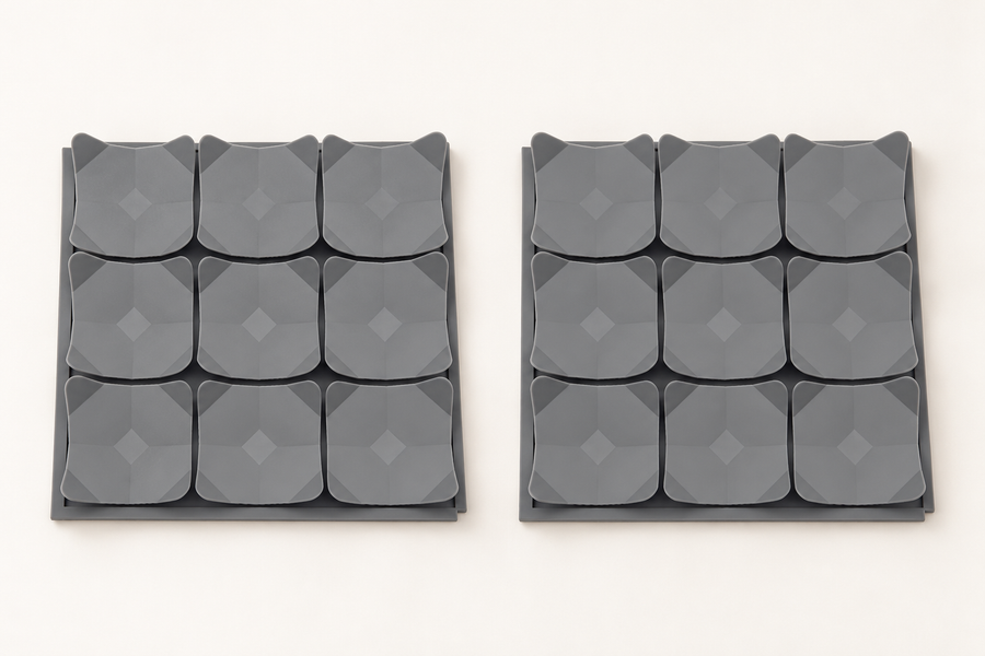 The complete set: two separate grey silicone mats, each with nine leaf pockets.