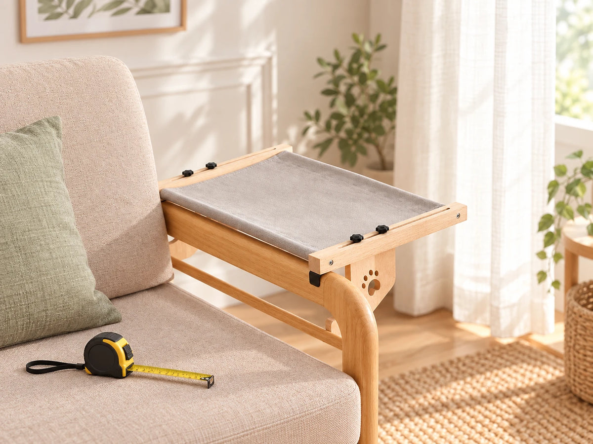 The same chair-arm hammock setup with a tape measure nearby as a reminder to check furniture fit