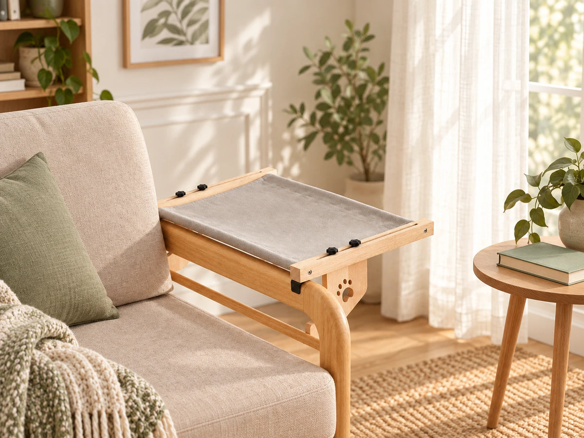 The grey hook-on hammock beside a reading chair in a softly lit home corner