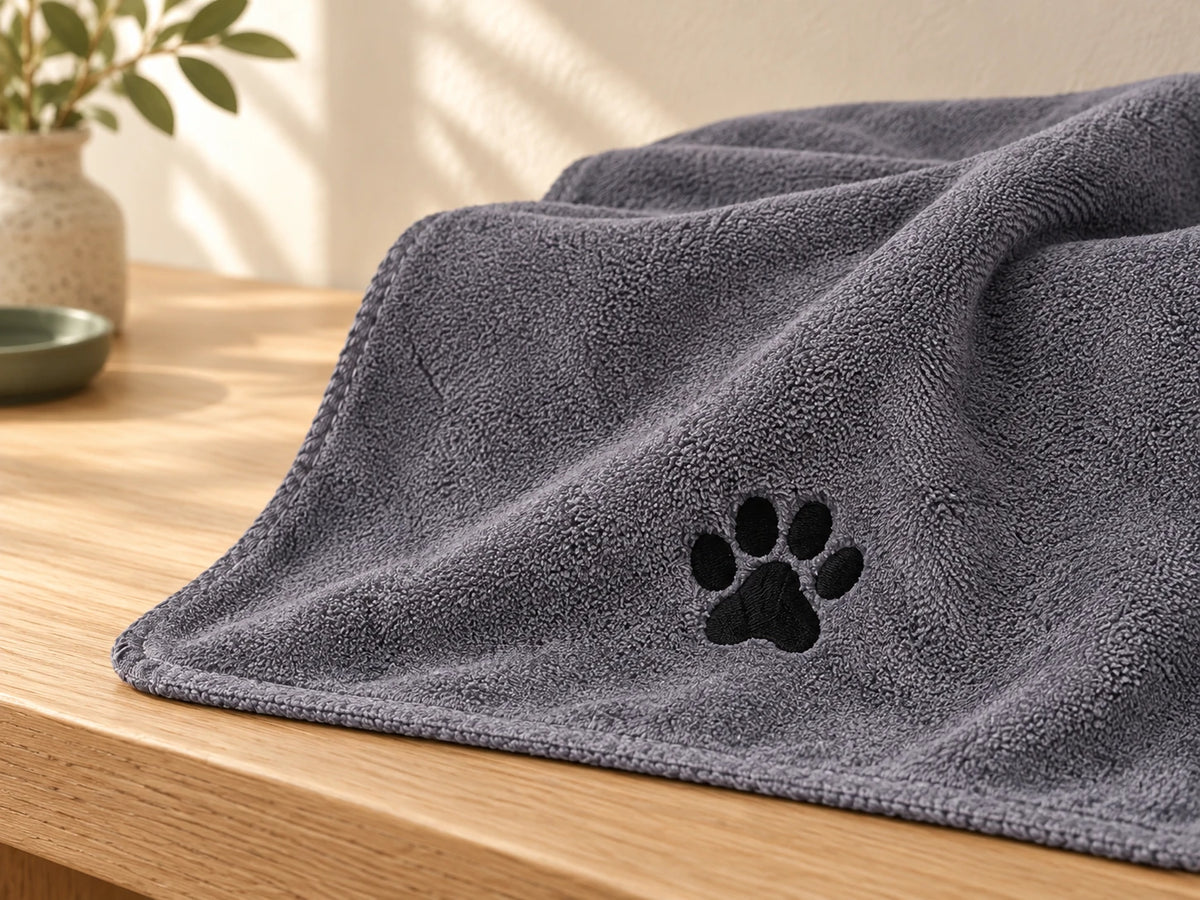 Close view of the grey towel’s short-pile fabric, black paw embroidery and matching bound edge.