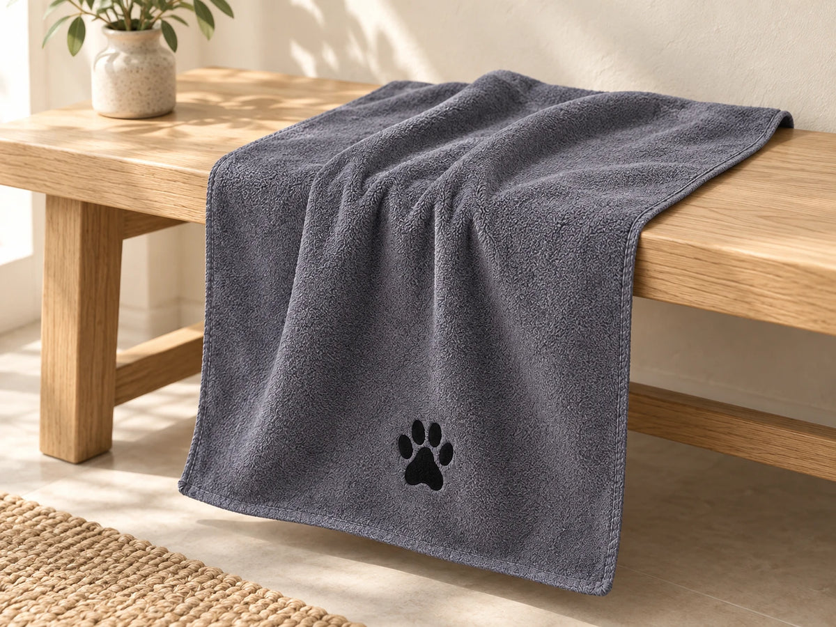 A single grey rectangular dog towel draped over an oak bench, showing its flat construction and bound edge.
