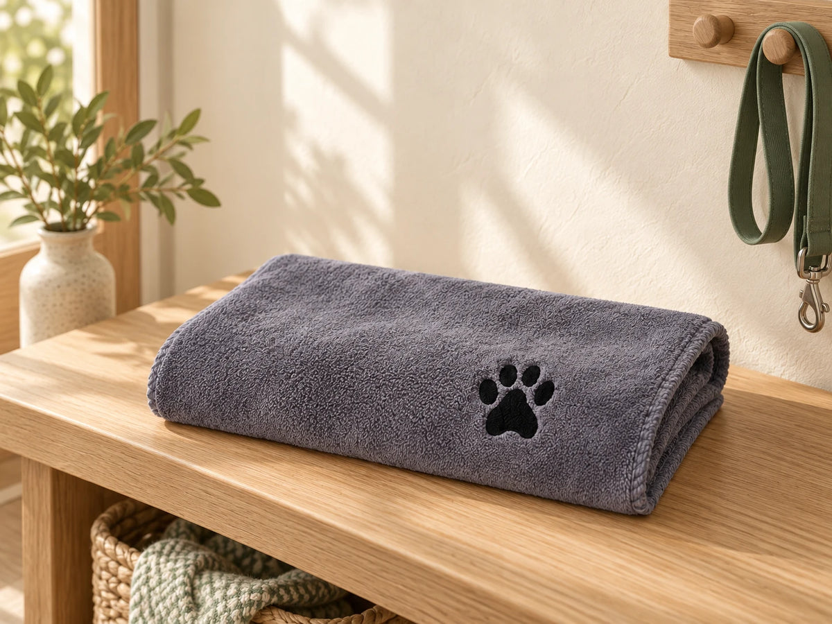 One grey paw-motif towel folded on an oak bench beside a separately styled sage leash.