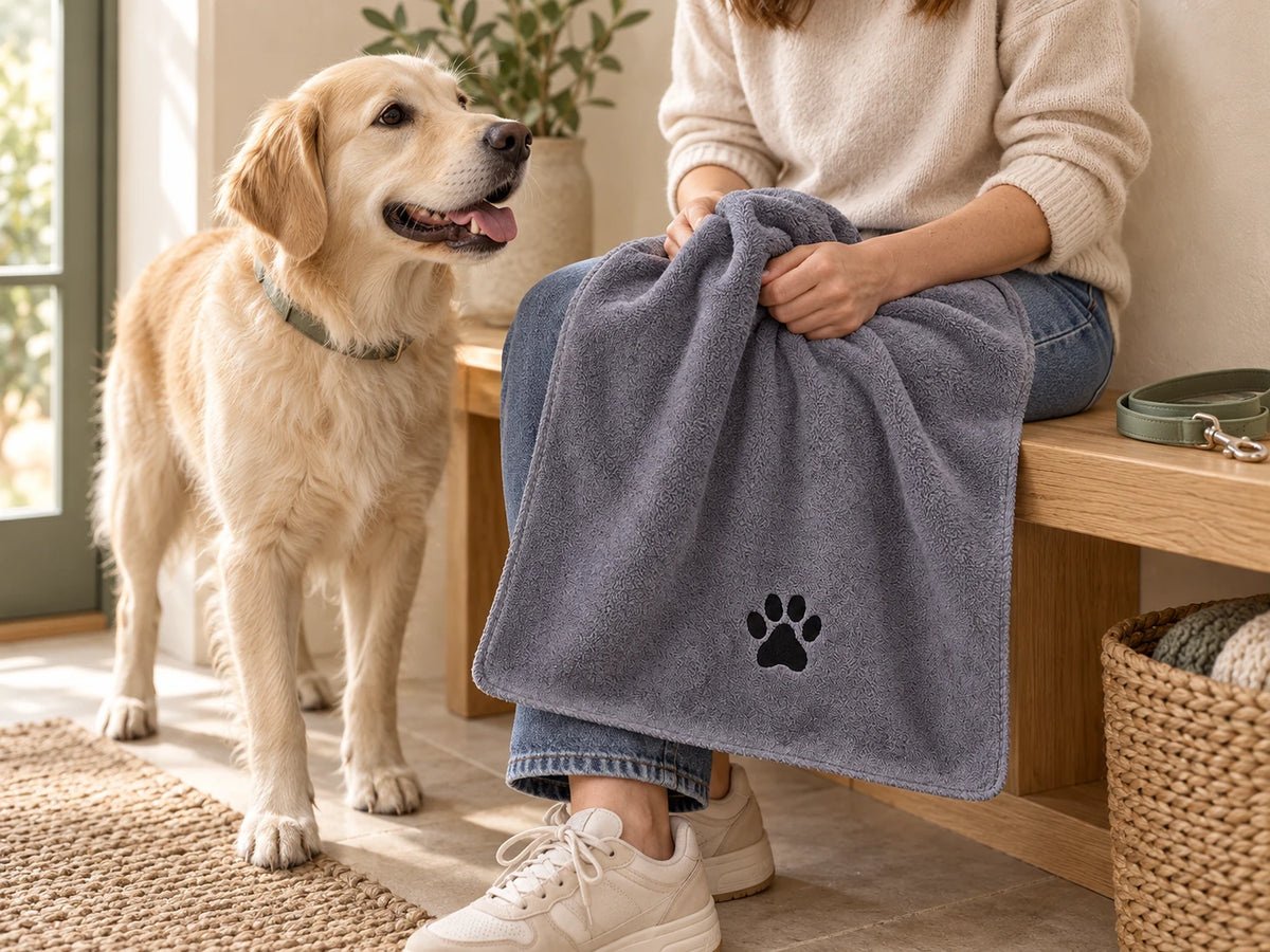An adult holds the single grey paw-motif dog towel beside a dog at the entryway bench.