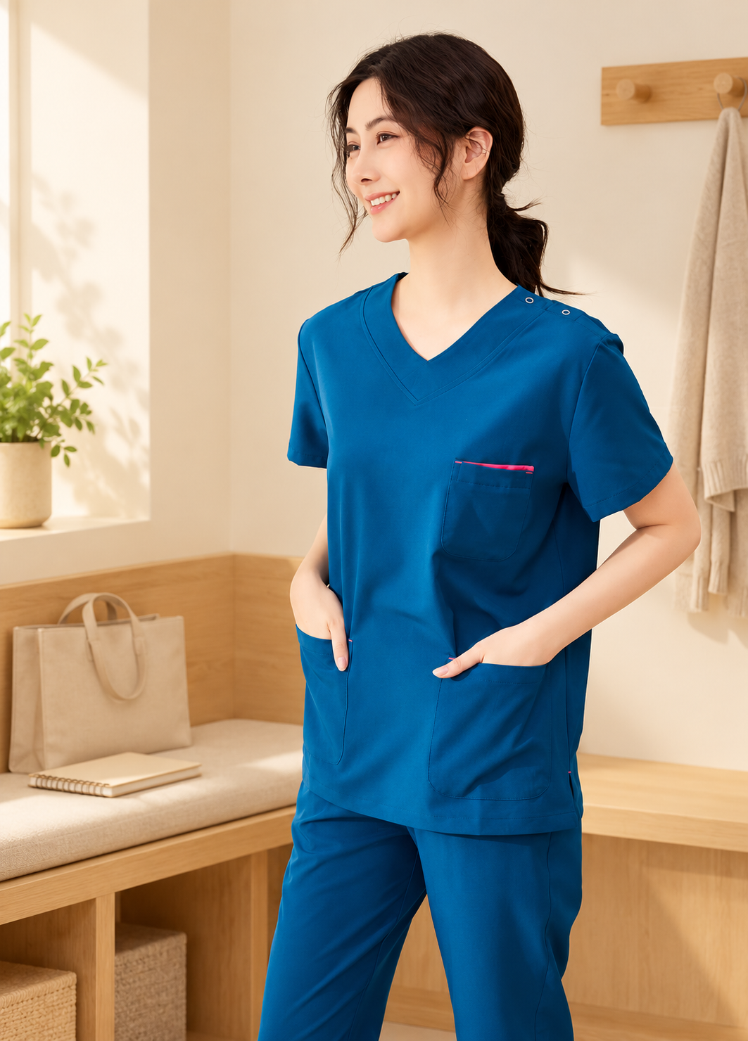 AI-created daylight preparation corner with a pale oak bench, showing the supplier-reference peacock-blue short-sleeve top with pink chest trim, three front pockets and only the upper matching trousers; props excluded.