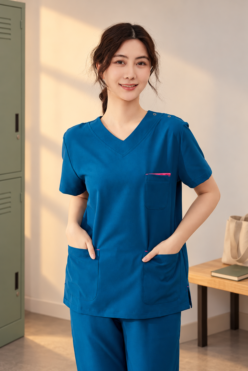AI-created evening changing area with a sage locker, showing the supplier-reference peacock-blue short-sleeve top with pink chest trim, three front pockets and only the upper matching trousers; props excluded.