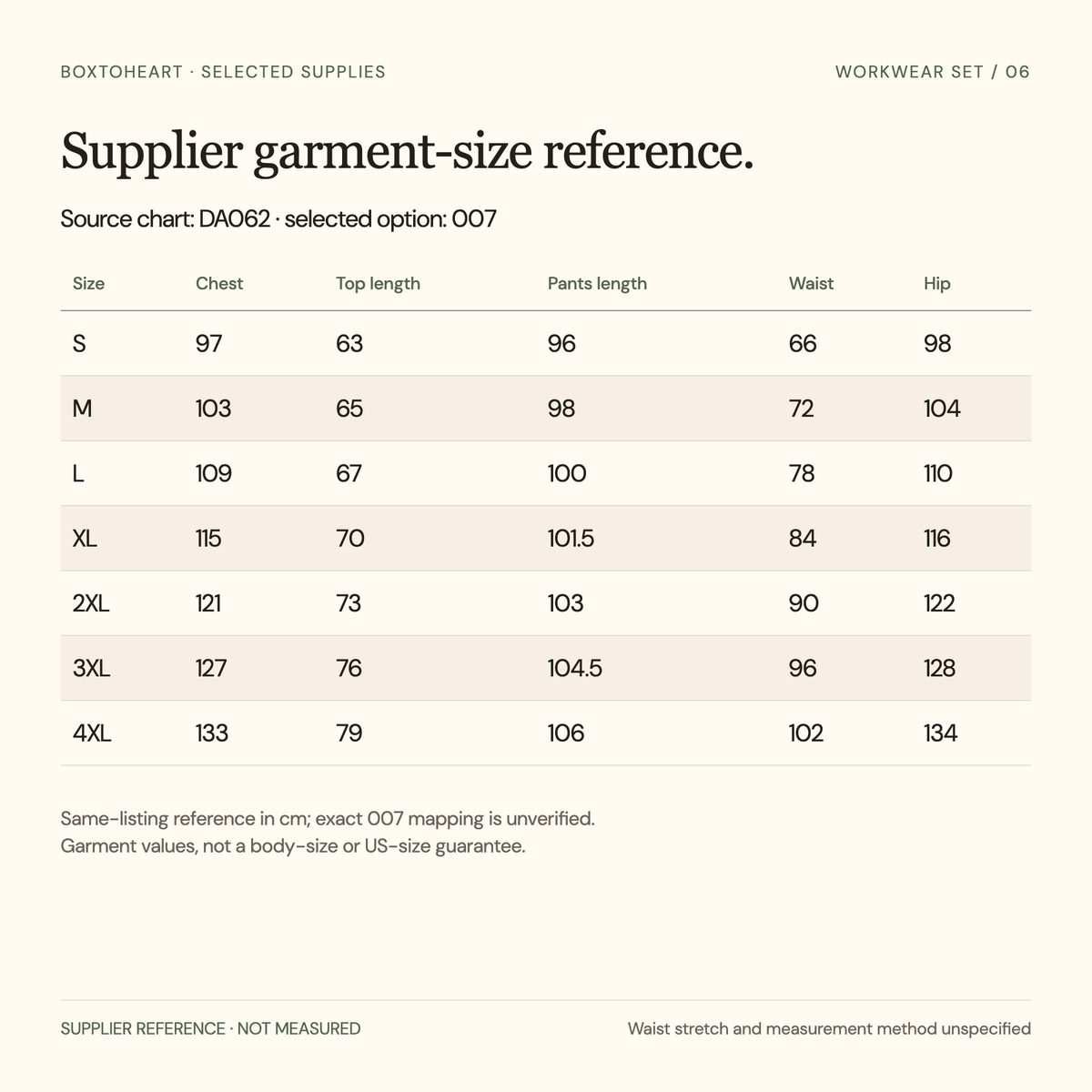 Supplier family garment-size reference in centimetres for S to4XL, labelled DA062 in the source while the selected option is007. Mapping and physical fit are unverified; not US sizing.