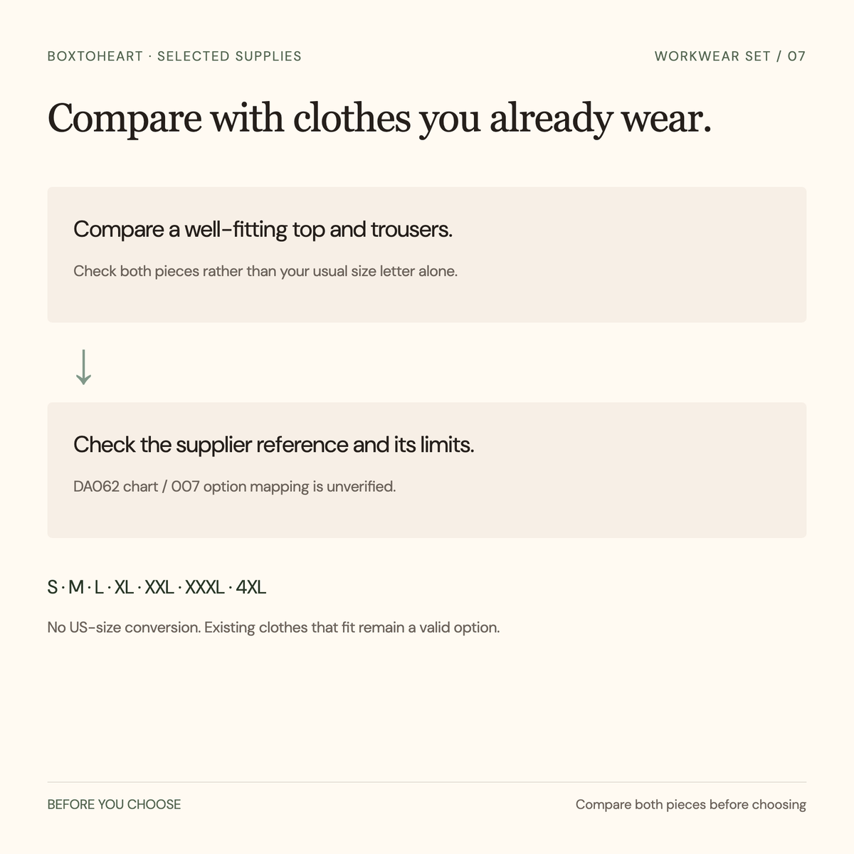 Original selection guide: compare a well-fitting top and trousers, check the supplier family size reference and its007 versus DA062 limitation; size letters are not US body sizes.
