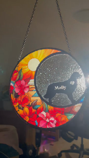 Unretouched video frame of one actual finished Molly round glass artwork memorial suncatcher