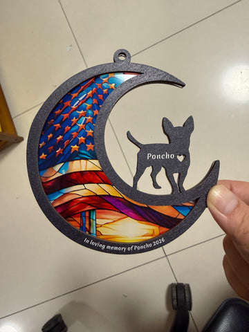 One actual finished Poncho acrylic artwork memorial suncatcher held in a hand