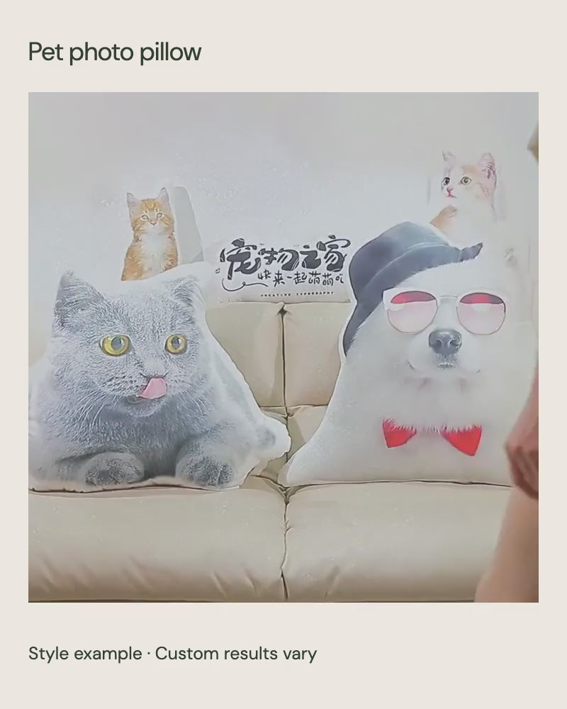 Pet photo pillow style demonstration from the corresponding listing, showing a person holding and compressing the example pillow; not a measured90cm reference.