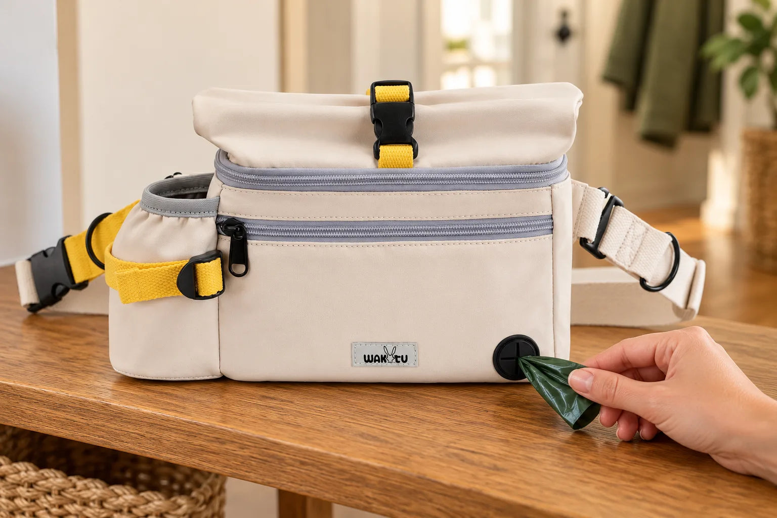 A hand pulling a waste bag through the front outlet of an ivory walking bag