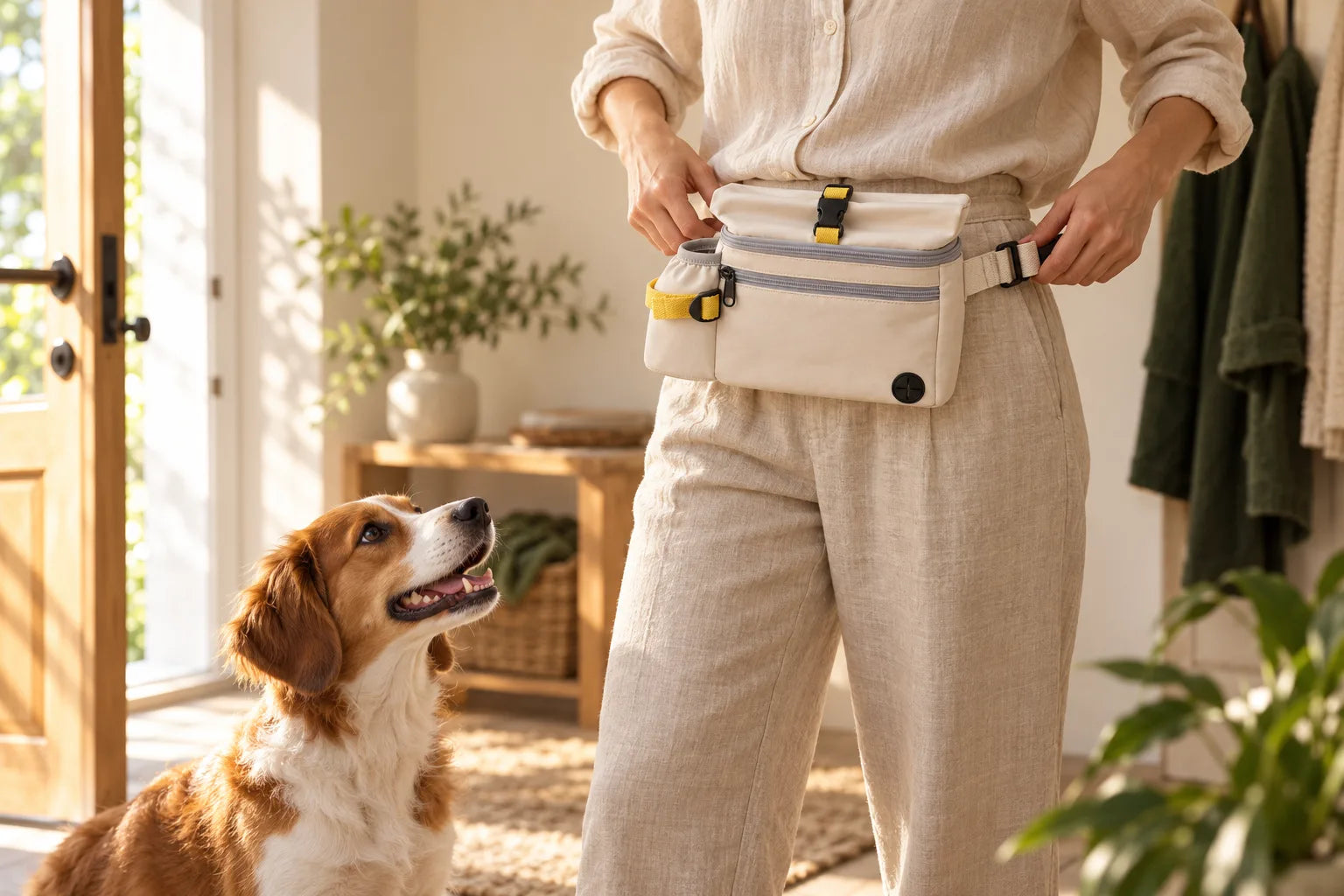 An adult preparing for a dog walk with an ivory waist bag and a waiting dog