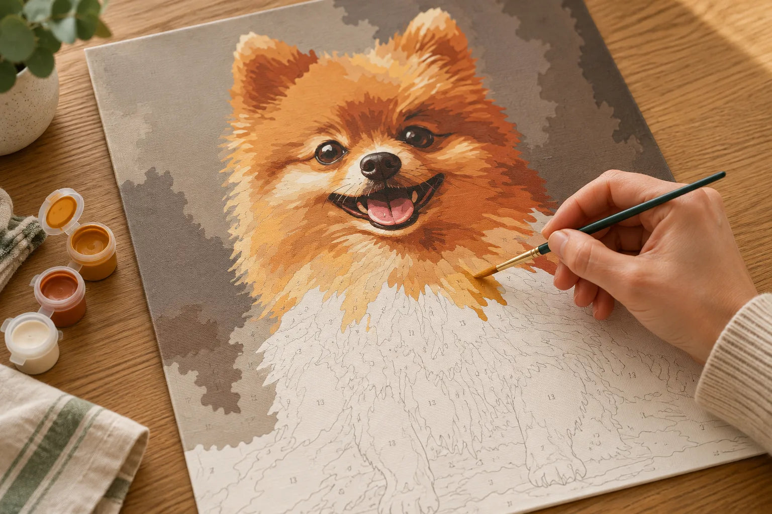 A brush adding colour to a partly painted numbered pet portrait on an unframed canvas