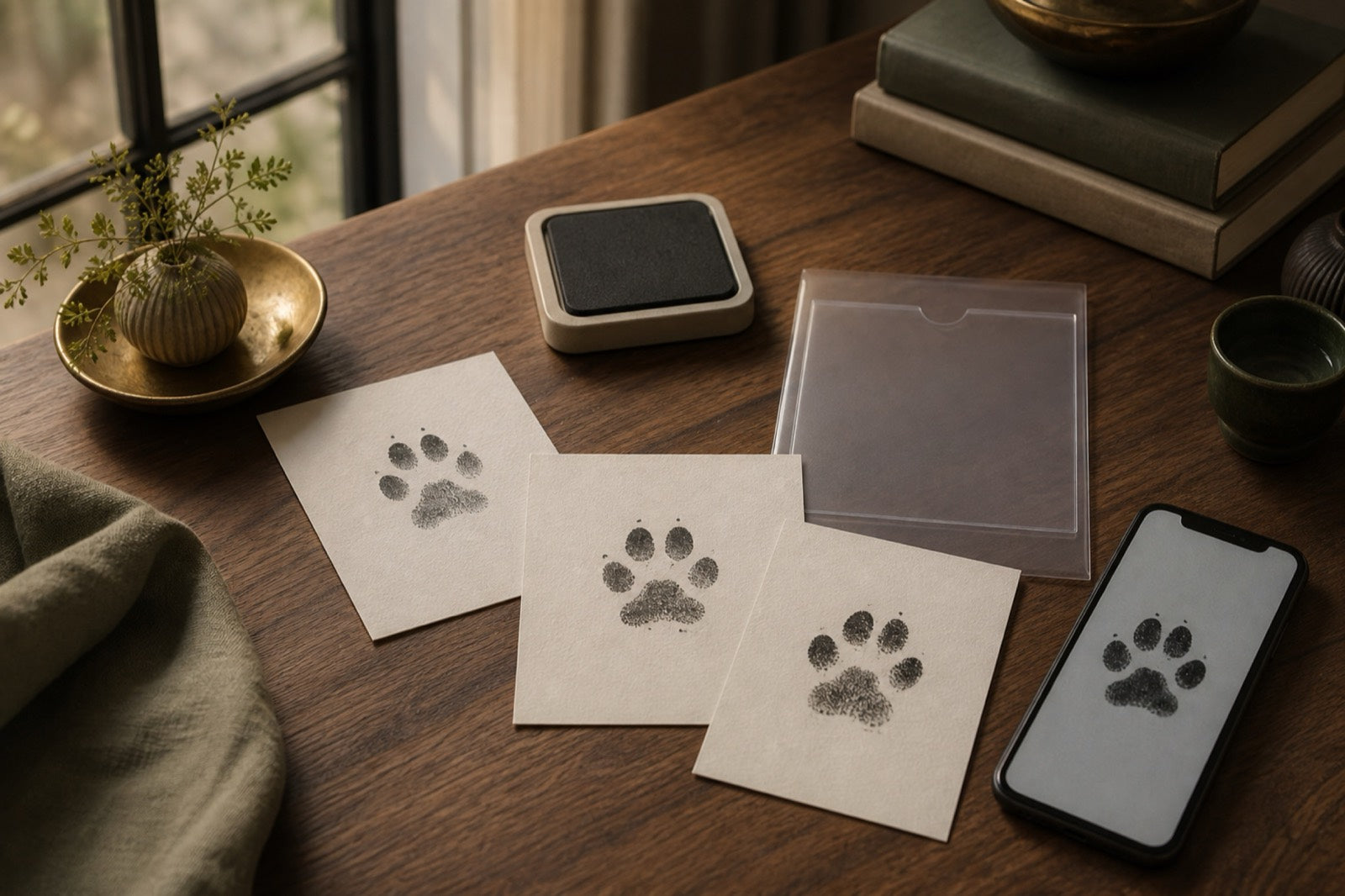 Exploratory concept showing several paw impressions, a transfer pad, a customer-retained sleeve, and a digital copy