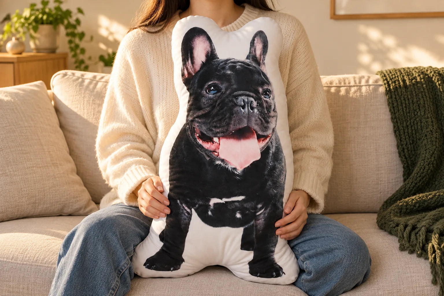 A person holding a large shaped French bulldog photo pillow on a linen sofa