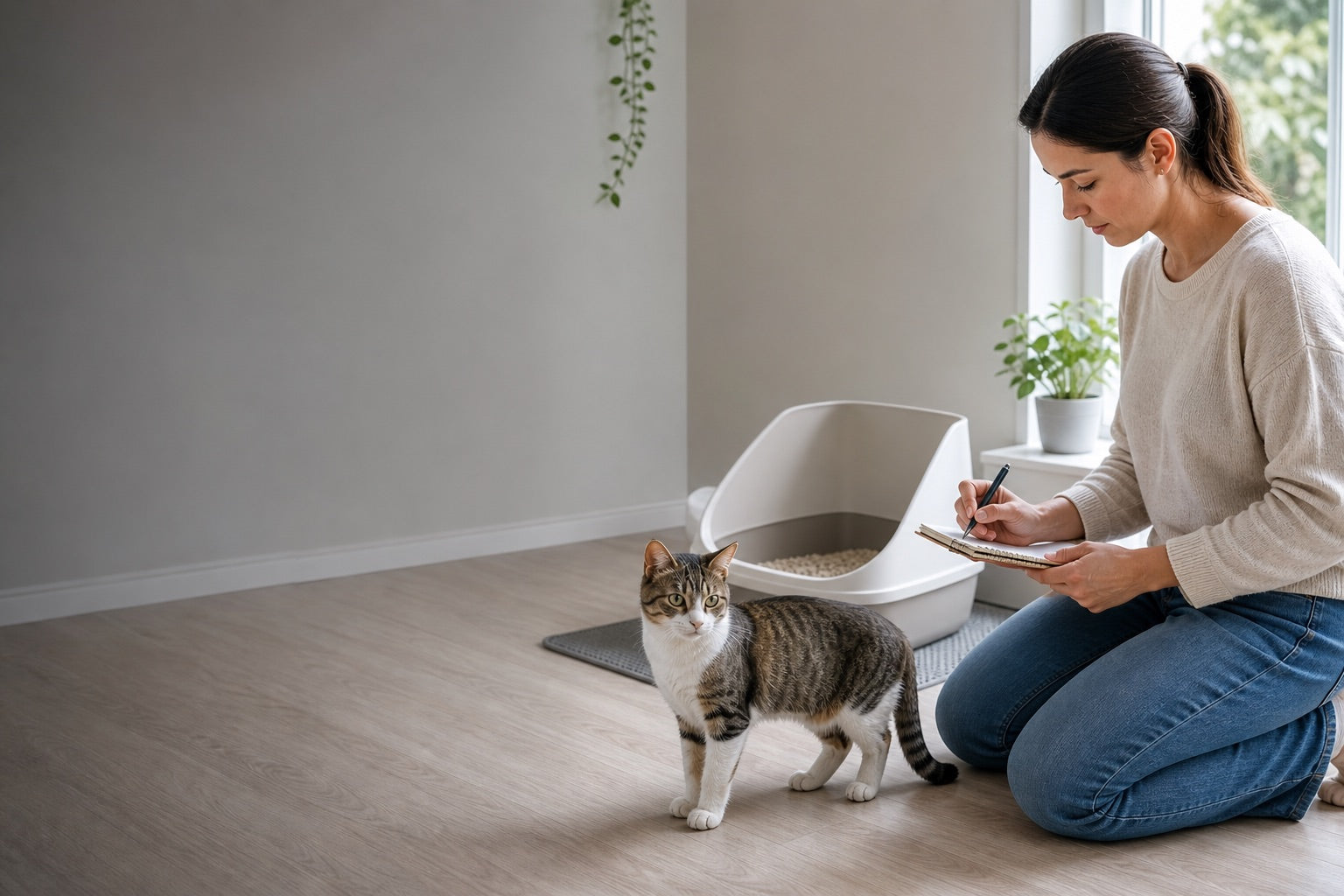 Cat owner recording litter box observations on paper while a cat stands nearby