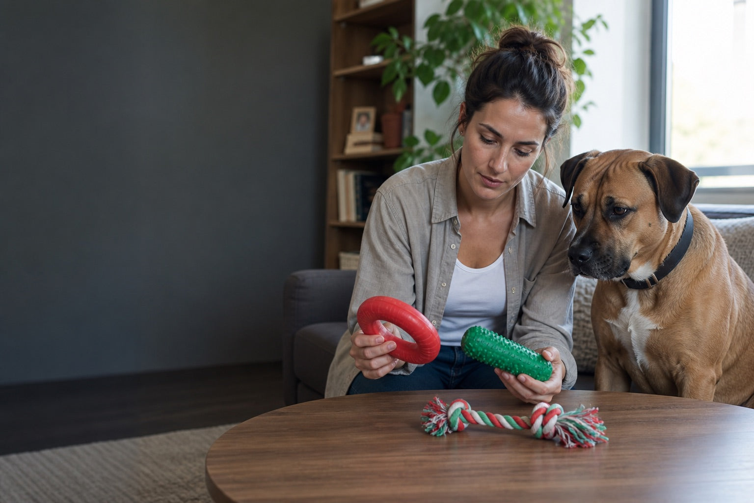 Dog owner comparing several chew-toy shapes with a large dog nearby