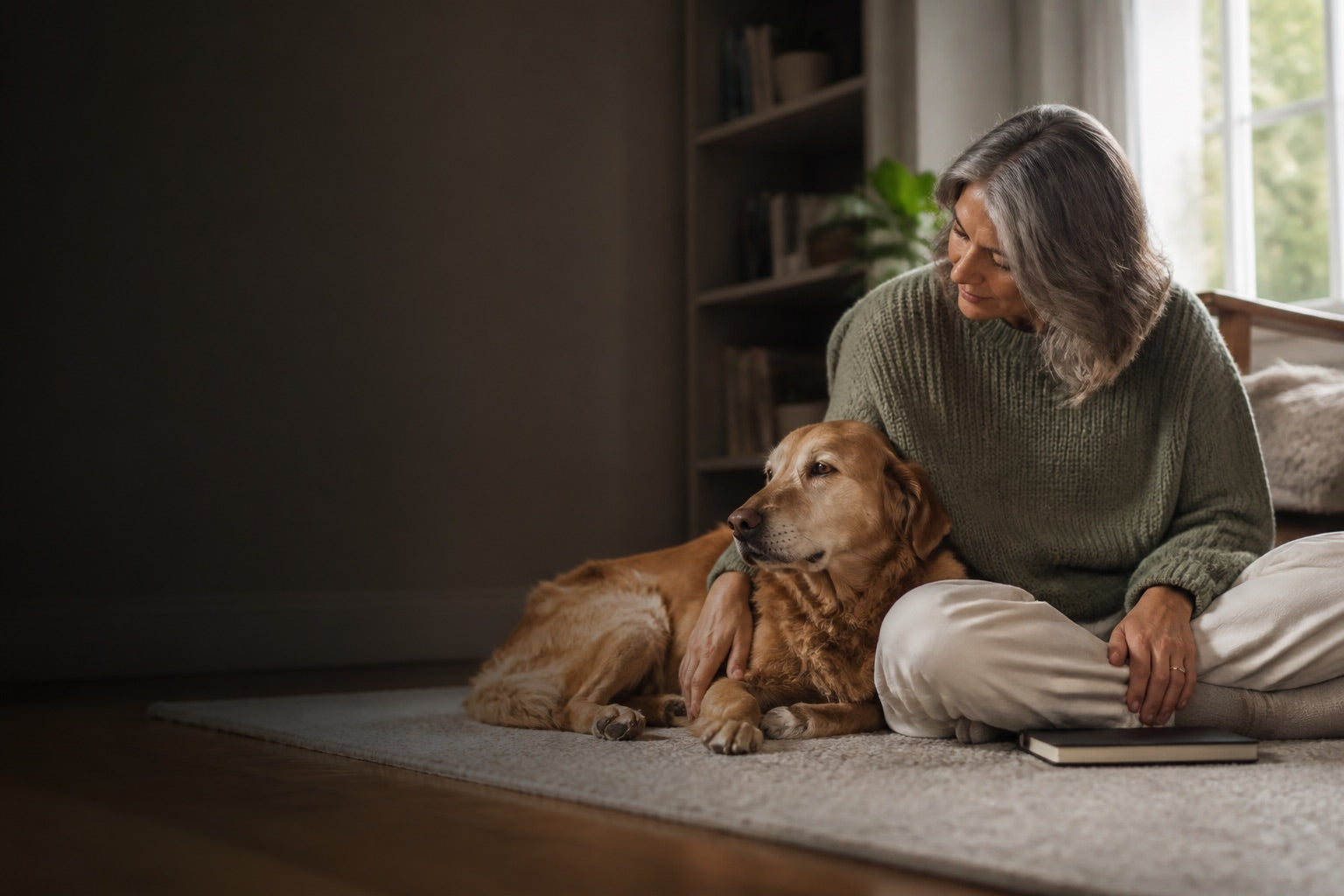 Older dog resting beside a caregiver in a quiet sunlit home
