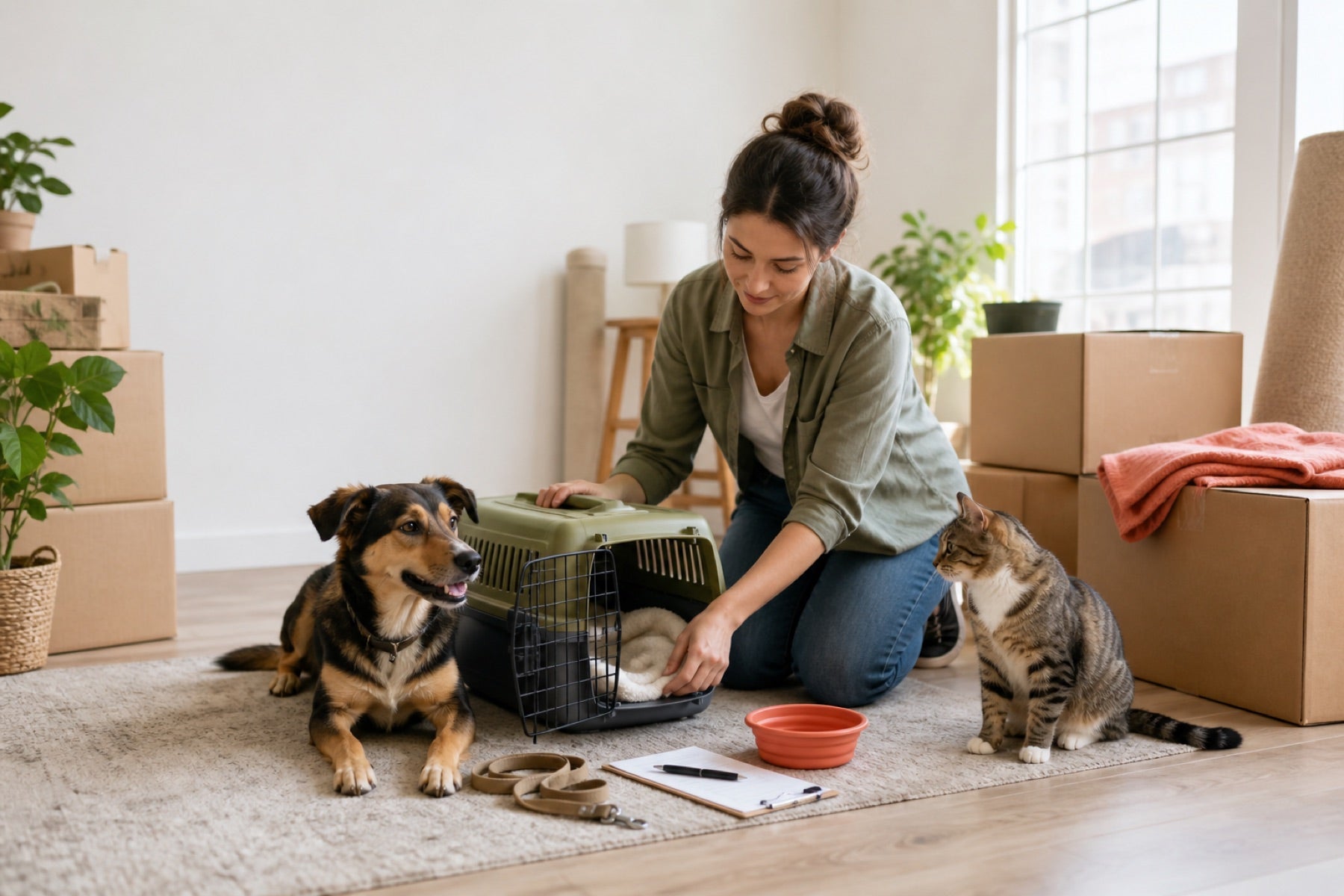 Dog resting near labeled moving boxes while its owner prepares a carrier