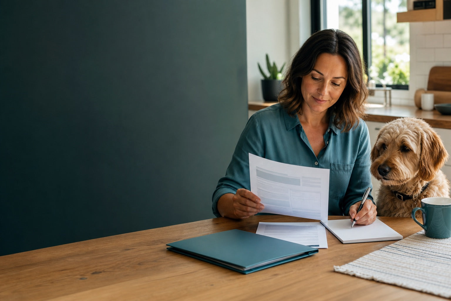 Pet owner reviewing a veterinary invoice and organized resource notes beside a dog