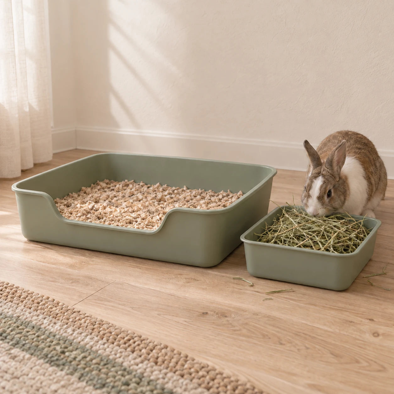 Product rendering of a low-entry litter pan beside a separate open hay tray, with a rabbit in a home corner.