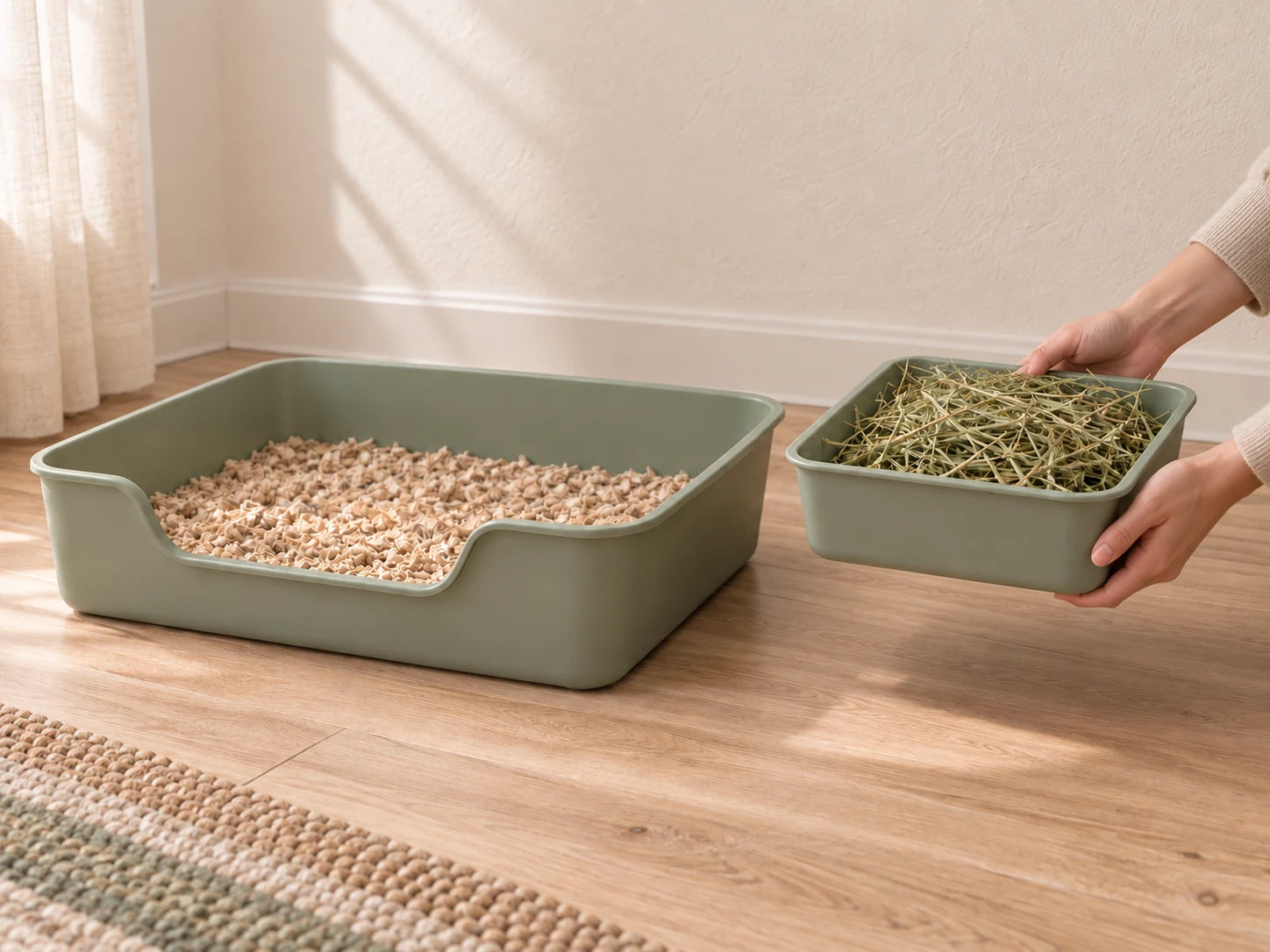 Product rendering of two hands lifting the separate hay tray while the litter pan remains on the floor.