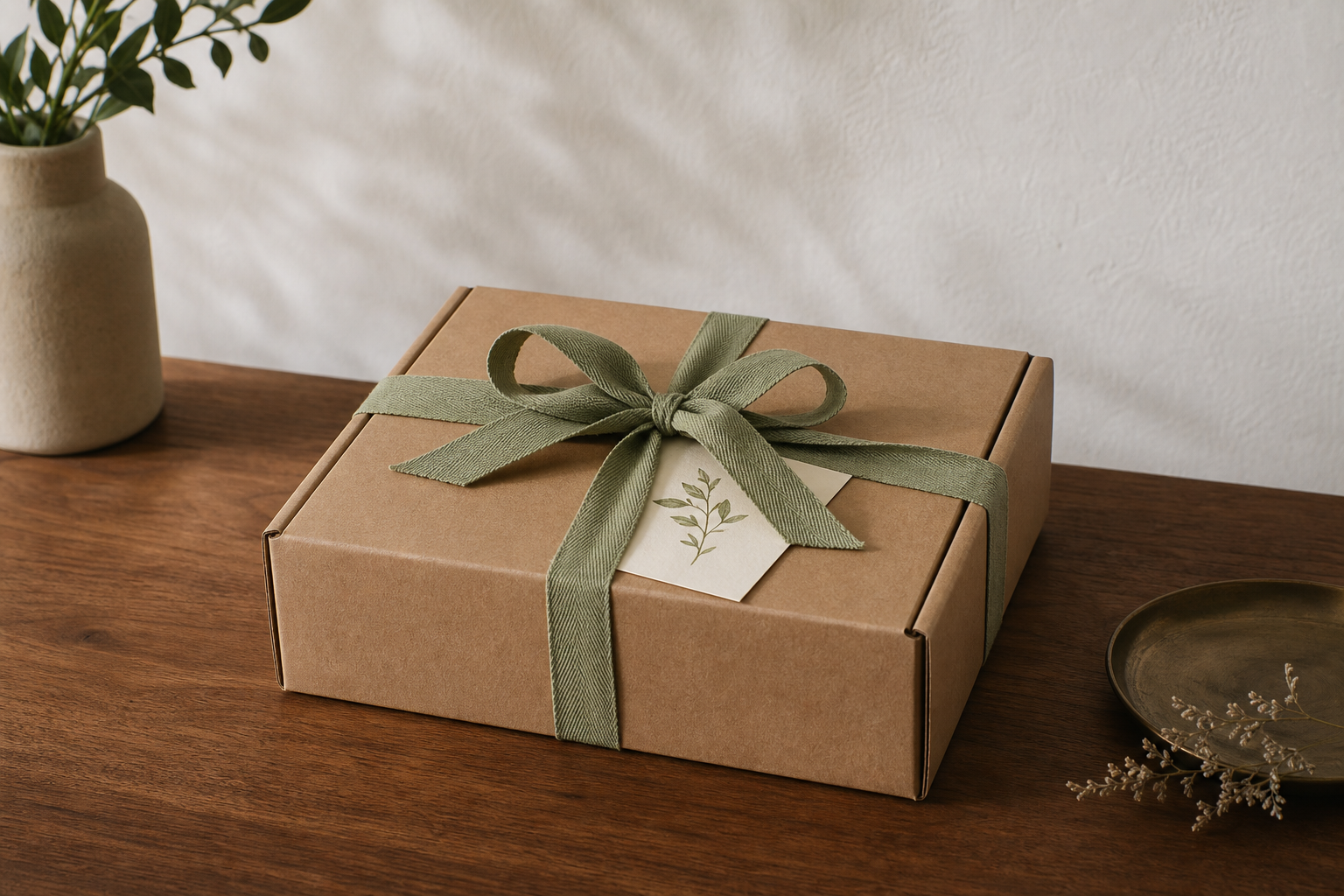 Concept gift box tied with a sage ribbon