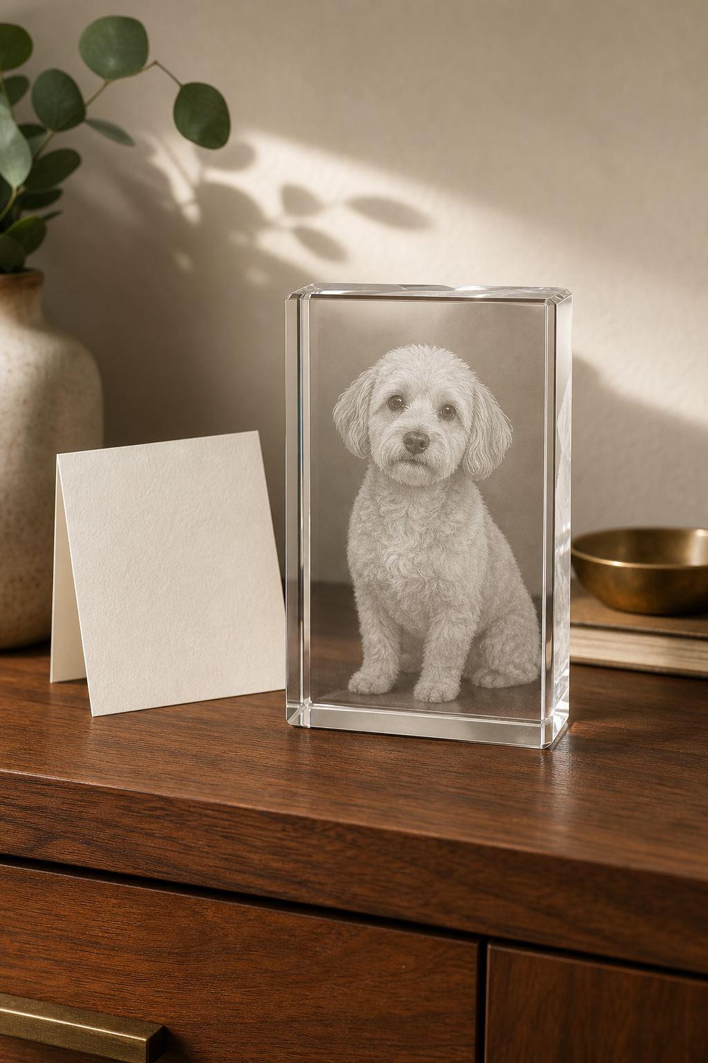 Personalized photo portrait memorial block beside a blank note card