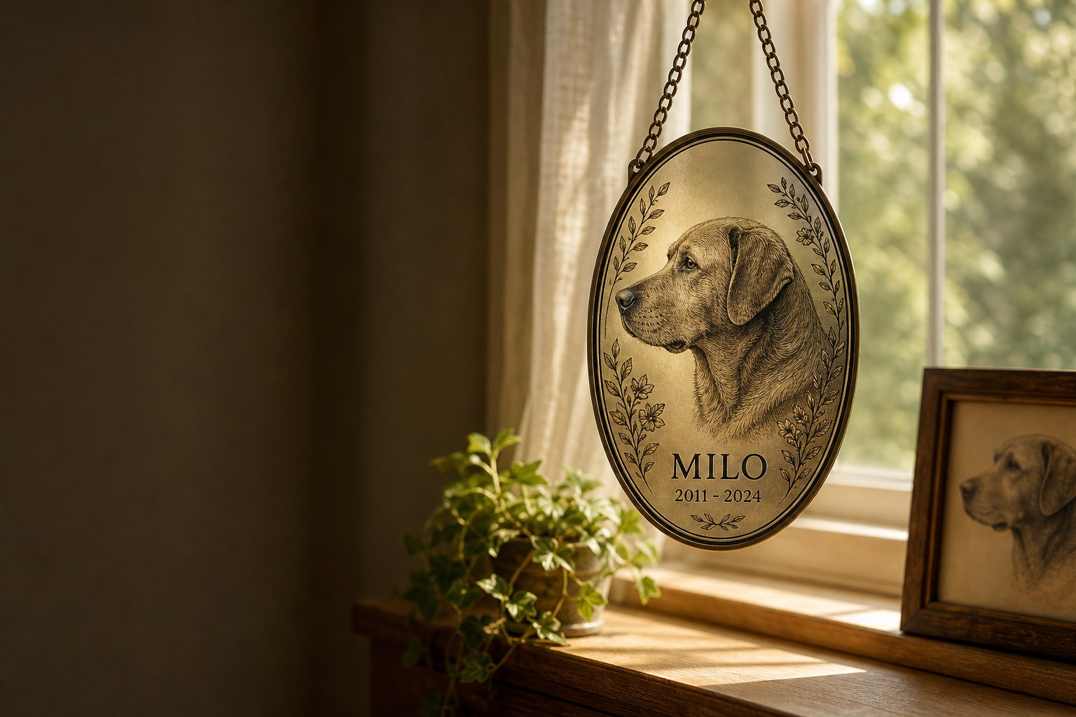 Personalized dog memorial suncatcher hanging in a sunlit window
