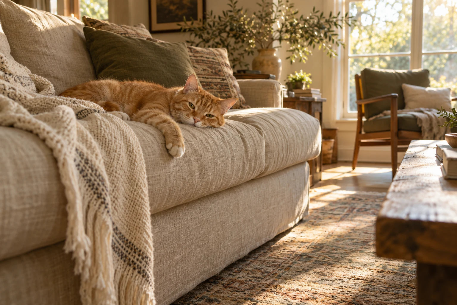 A ginger cat resting in its favourite spot on a linen sofa
