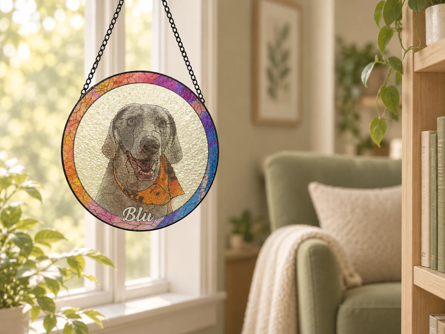 Blu pet photo suncatcher hanging in the light beside a reading chair and window