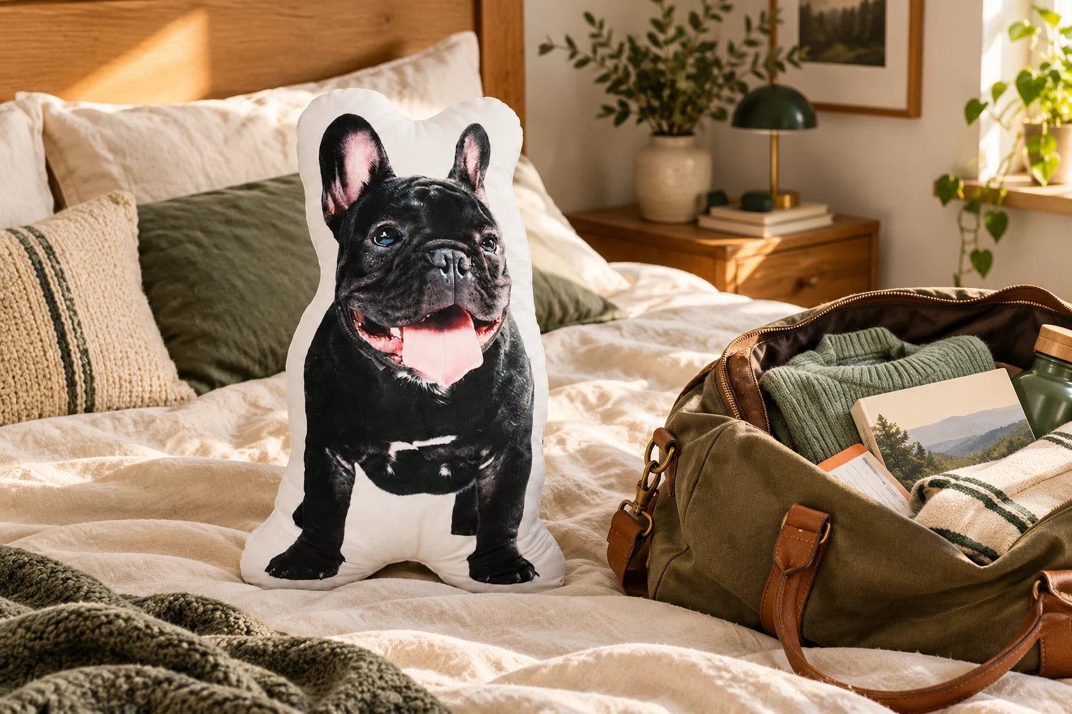 A printed French bulldog photo pillow on a linen bed beside a canvas travel bag